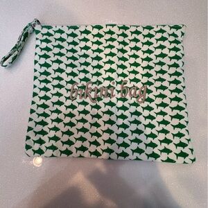 Echo “Bikini Bag” Pouch White Green Shark Pattern Zip 100% Cotton Makeup Bag